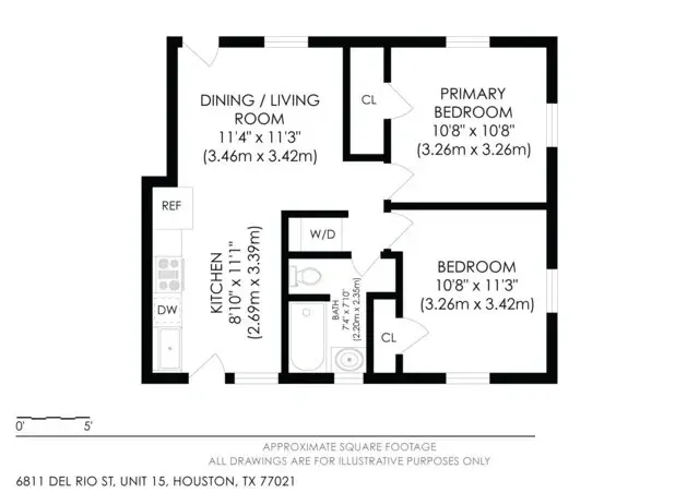 Floor plan of a two-bedroom, one-bath apartment, 598 square feet